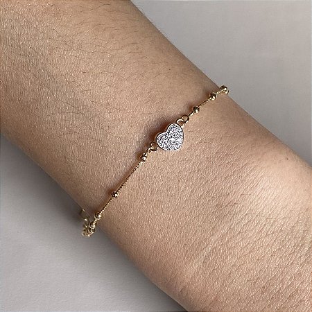 Pulseira Infantil Bolinhas e Coração Cravejado com Zircônias Cristal com Banho de Ouro 18k