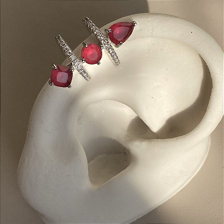 Piercing Fake (de encaixe) Par Cravejado com Zircônias Rubi e Cristal com Banho de Ródio Branco (Par)