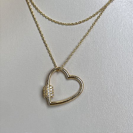 Colar Corrente Fino 70cm com Pingente de Coração Vazado Cravejado com Zircônias Cristal com Banho de Ouro 18k