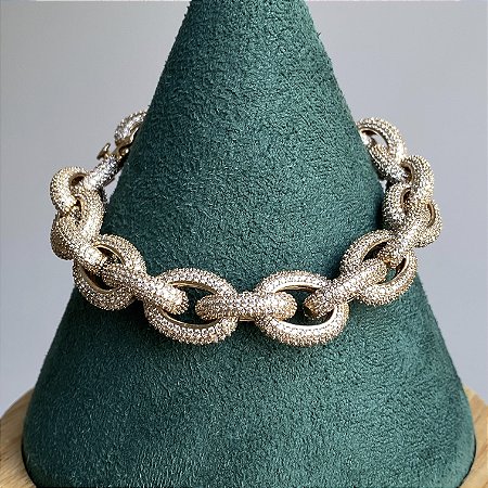 Pulseira de elos cravejados com zircônias na cor cristal 19cm de comprimento com banho de ouro 18k