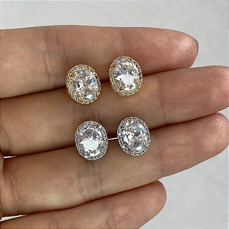Brinco Oval Cravejado com Zircônias Cristal com Banho de Ouro 18k ou Ródio Branco