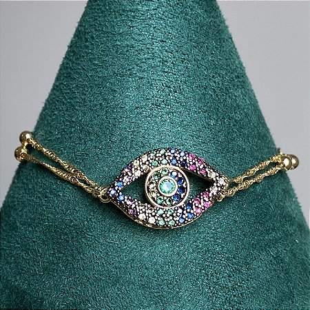 Pulseira olho grego cravejado zircônias coloridas (rainbow) caneta ródio negro com banho de ouro 18k