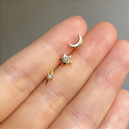 Trio de Brincos (Lua, Raio e Estrela) com Zircônia Cristal com Banho de Ouro 18k