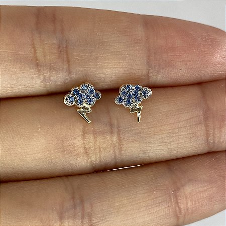 Brinco Infantil Nuvem Cravejada com Zircônias Azuis com Banho de Ouro 18k