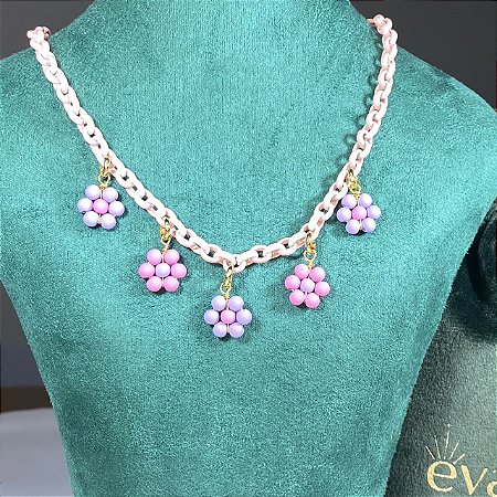 Colar elos portugueses rosa com pingentes de flores coloridas com banho de ouro 18k