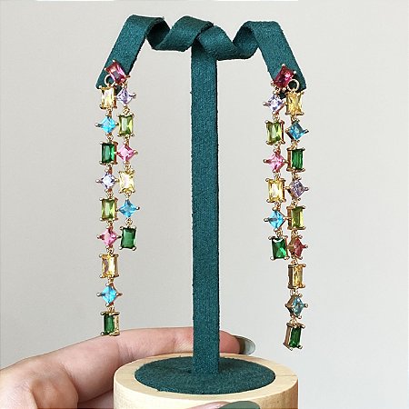 Brinco cascata riviera cravejado em 4 pontos com zircônias coloridas com banho de ouro 18k