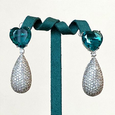 Brinco coração azul petróleo e gota cravejada com zircônias cristal com banho de ródio branco