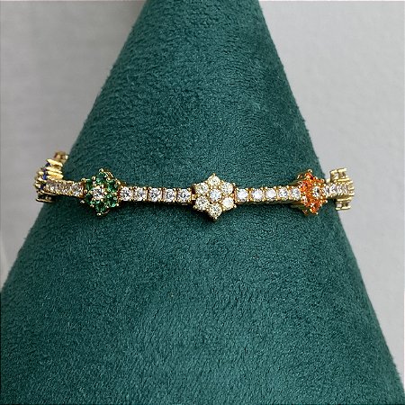 Pulseira riviera florzinhas coloridas em prata 925 com banho de ouro 18k