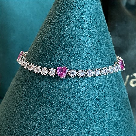 Pulseira riviera corações pink com banho de ródio branco
