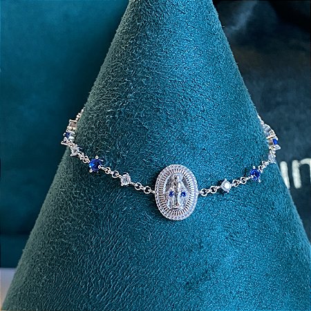 Pulseira medalha "Nossa Senhora das Graças" com zircônias em prata 925 com banho de ródio branco