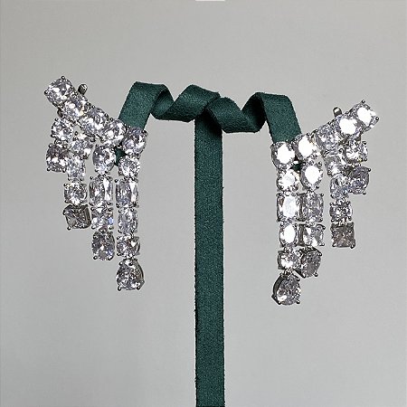Brinco ear cuff cascata cravejado com zircônias cristal com banho de ródio branco