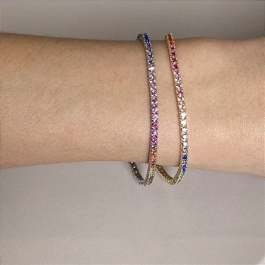Pulseira riviera cravejada com zircônias coloridas (rainbow) com espessura 2 mm e comprimento 18cm em prata 925 com banho de ouro 18k ou ródio branco
