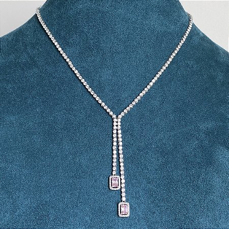 Colar riviera pingentes cravejado com zircônias nas cores cristal e rosa comprimento 42cm com banho de ródio branco