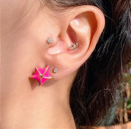 Brinco Estrela do Mar Esmaltado Pink com Banho de Ouro 18k