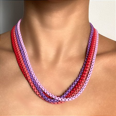 Colar Colorido (Vermelho, Coral, Rosa ou Roxo) com Espessura de 4mm com Banho de Ouro 18k