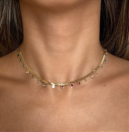 Colar Trançado com Zircônias Coloridas (Rainbow) com Banho de Ouro 18k