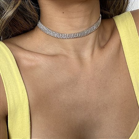 Colar Choker Riviera com Quatro Fileiras Cravejadas de Zircônias Cristal com Banho de Ouro 18k ou Ródio Branco
