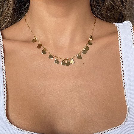 Colar com Pingentes de Corações Lisos com Banho de Ouro 18k ou Ródio Branco