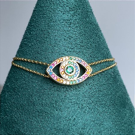 Pulseira olho grego cravejado zircônias coloridas (rainbow) com banho de ouro 18k