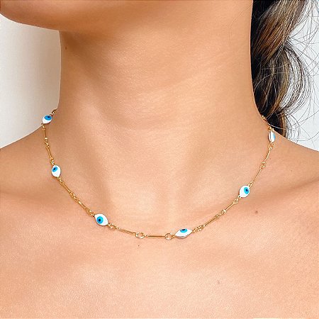 Colar Olhos Gregos Esmaltados com Banho de Ouro 18k