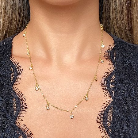 Colar com Zircônias Cristal com Banho de Ouro 18k ou Ródio Branco