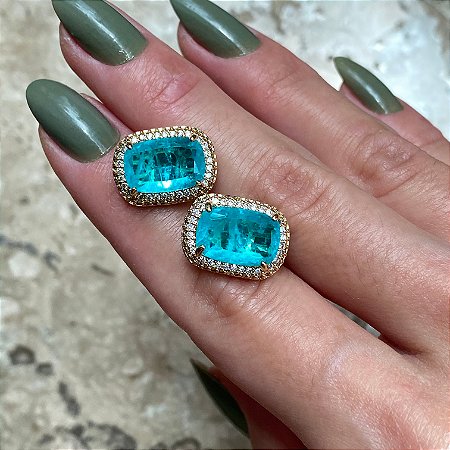 Brinco Retangular Cravejado com Zircônias Cristal e Fusion Turmalina com Banho de Ouro 18k