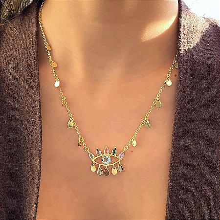Colar com Pingente de Gotinhas Lisas e Olho Grego Cravejado com Zircônias Coloridas com Banho de Ouro 18k