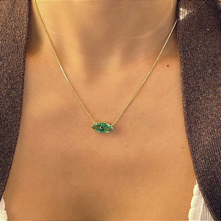 Colar com Pingente Pequeno de Olho Grego de Zircônia (Esmeralda ou Turmalina) com Banho de Ouro 18k