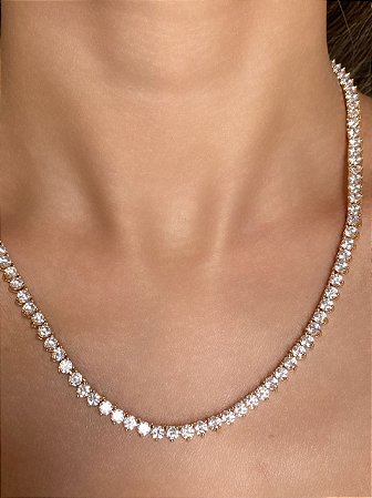 Colar Riviera Cravejada em 3 Pontos com Zircônias Cristal de  3,5 mm e 45 cm de Comprimento com Banho de Ouro 18k ou Ródio Branco