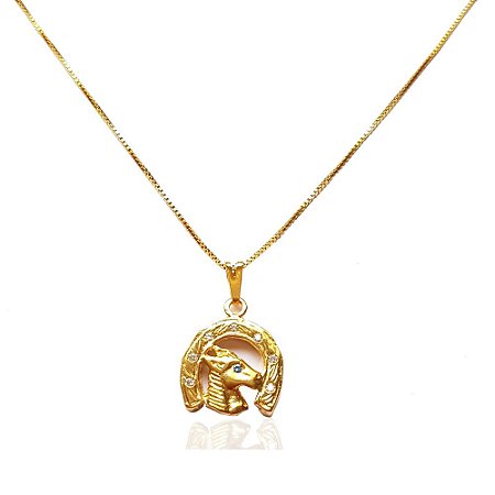 Colar Ferradura E Cavalo Com Zircônias Folheado A Ouro