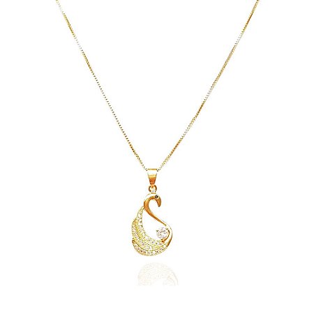 Colar Cisne Com Micro Zircônias Ponto De Luz Folheado a Ouro