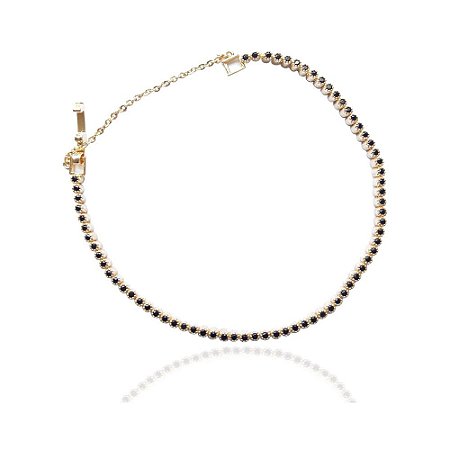 Pulseira Estilo Riviera Com Zircônias Negras Folheado A Ouro
