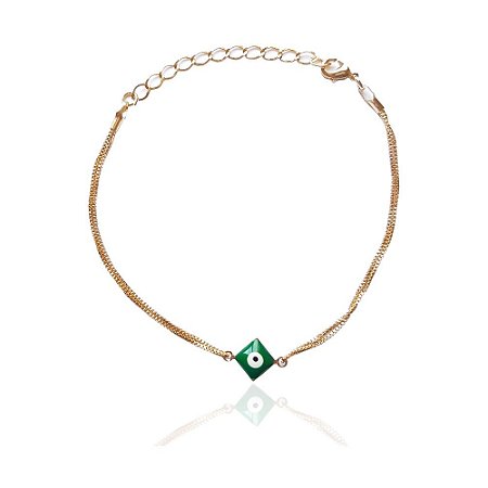 Pulseira Olho Grego Verde Escuro Folheado A Ouro