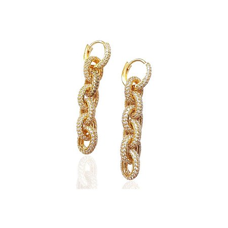 Brinco Argola Corrente de Elos Cravejado em Zircônias Folheado a Ouro
