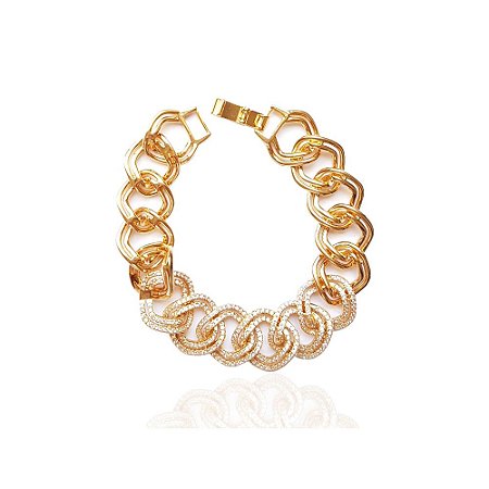Pulseira Corrente de Elos Duplos Cravejada em Zircônias Folheado a Ouro