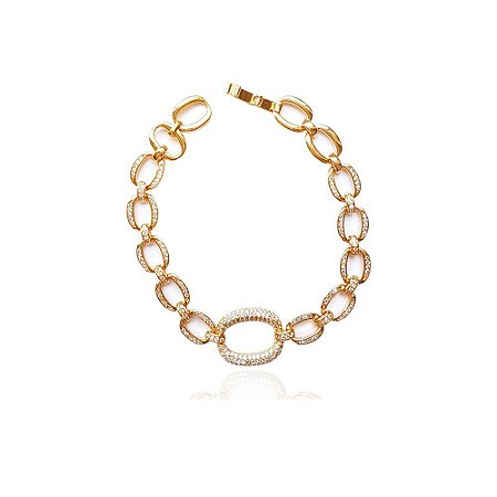 Pulseira Corrente de Elos Retos Cravejada em Zircônias Folheado a Ouro