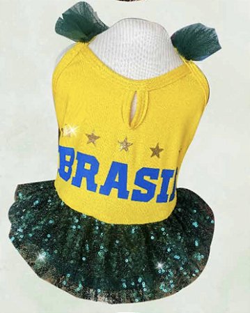 VESTIDO BRASIL AMARELO COM MANGA EM PAETÊ