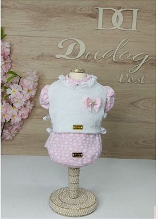 BABY LOOK ROSA/FLORES C/ COLETE PELÚCIA BRANCA