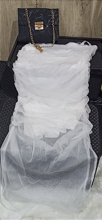 Vestido Luxo Alça Tule Longo Forrado Branco