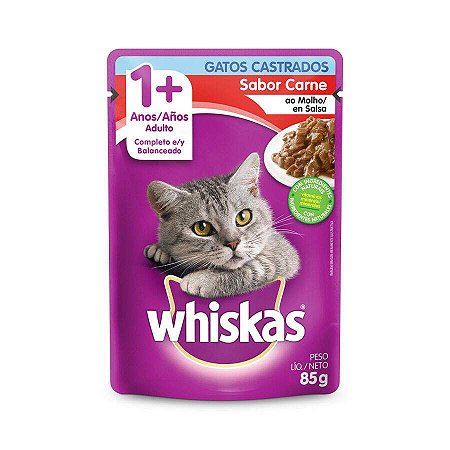 Ração Úmida Whiskas Sache Carne ao Molho para Gatos Adultos Castrados