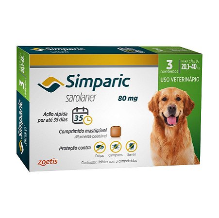 Antipulgas Simparic para cães 20,1 a 40 kg - 80mg - Zoetis