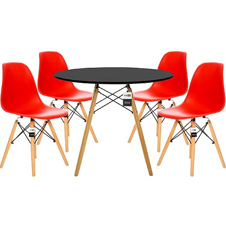 Conjunto Mesa Eiffel 90cm Preta + 4 Cadeiras DSW Eiffel Design Charles Eames Vermelha