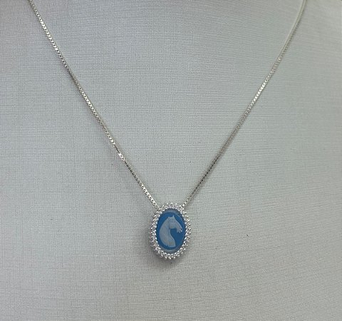 Colar camafeu cavalo ágata azul prata 925