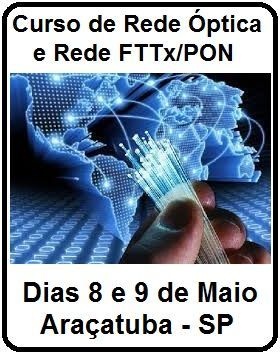 Curso Rede Óptica e Rede FTTX/PON em Araçatuba-SP, Duração 16 horas, 20 participantes, Certificado, Dias 8 e 9 de Maio 2015.