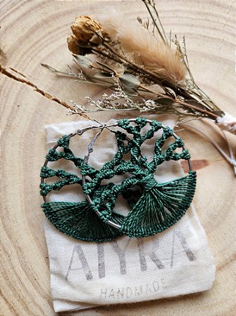 Argola Árvore da Vida verde prateada