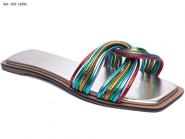 Sandália Rasteirinha Em Ouro Light e Tiras Metalizadas em Vermelho, Azul, Verde e Laranja - Little Queen Calcados e Acessorios - Sapatos, Botas, Sandalias, Sapatilhas, Scarpin, Tenis, Bolsas