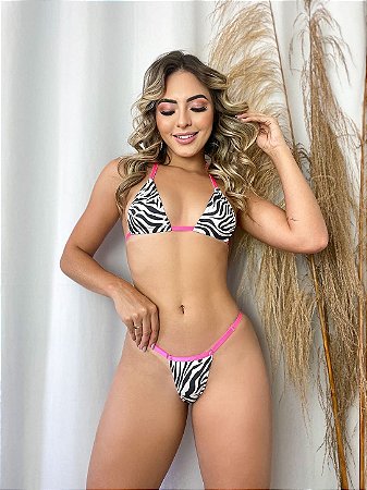 Biquíni Fita Regulagem Zebra com Rosa