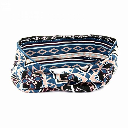 Headband Turbante Étnica Azul Petróleo e Preto