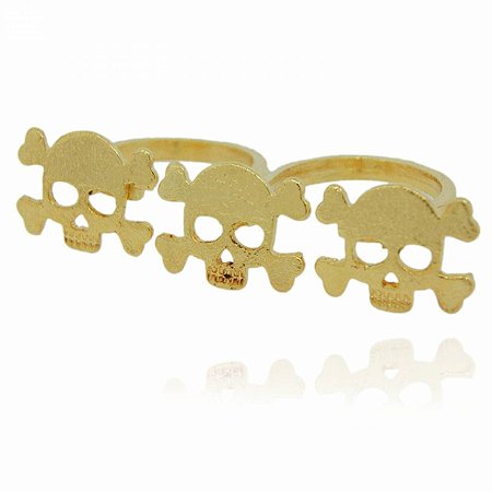 Anel Duplo Dourado Caveiras