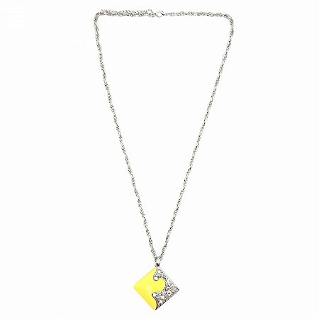 Colar Longo Prateado Pingente Losango Amarelo com Strass